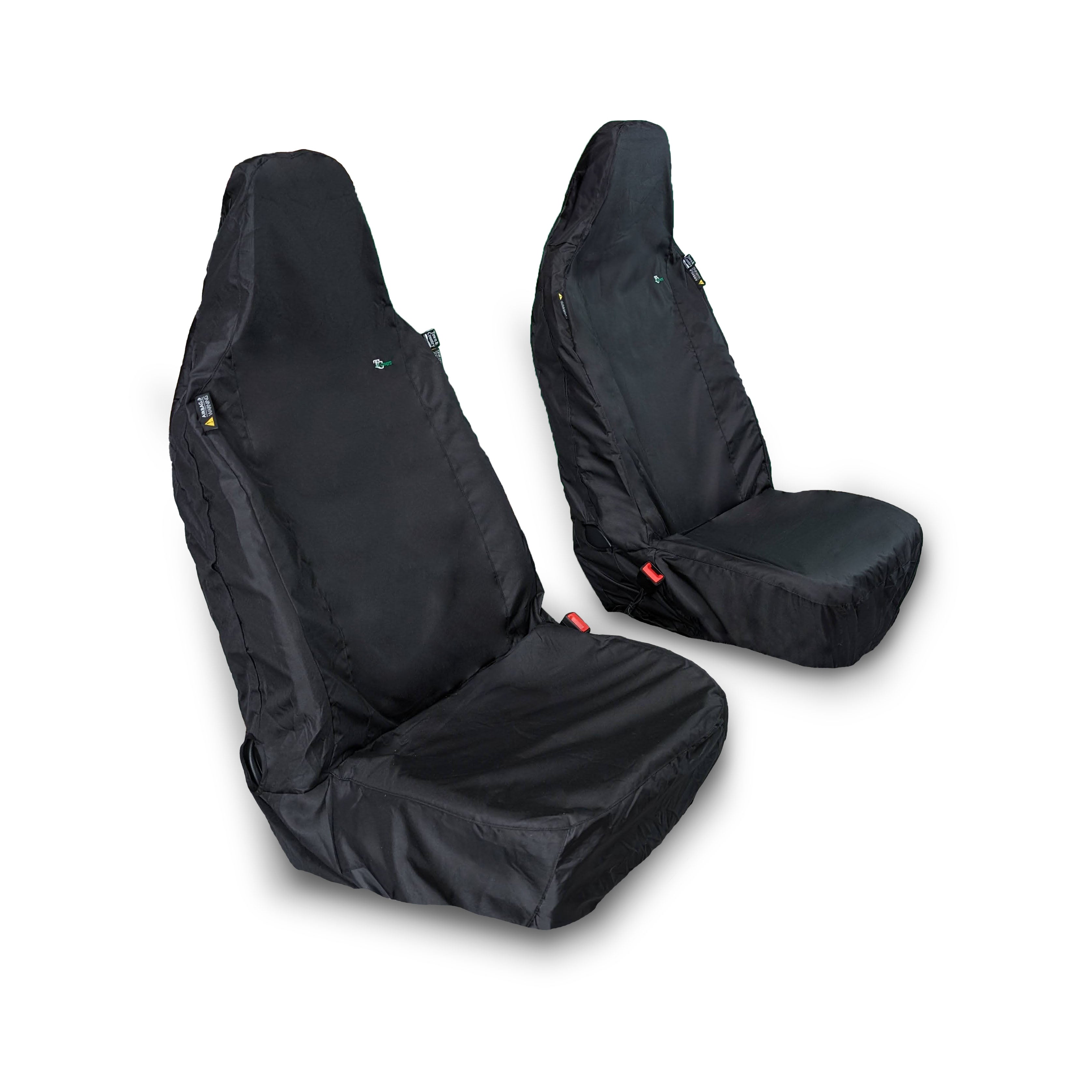 A set of black universal car seat covers fitted on a car's driver and passenger seats, designed to protect from spills, food stains, and wear and tear.