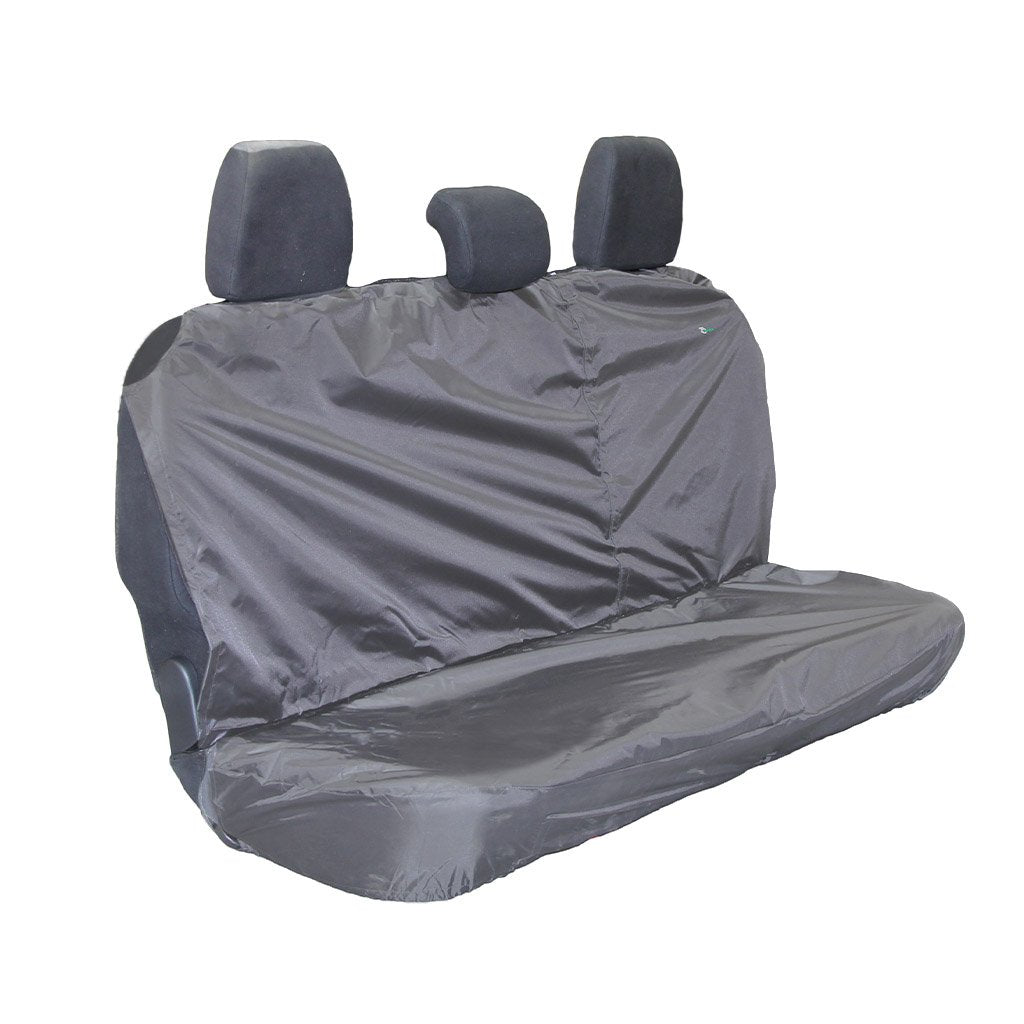 Grey universal rear seat covers fitted on a car's rear seats. Designed to protect from spills, food stains, and wear and tear.