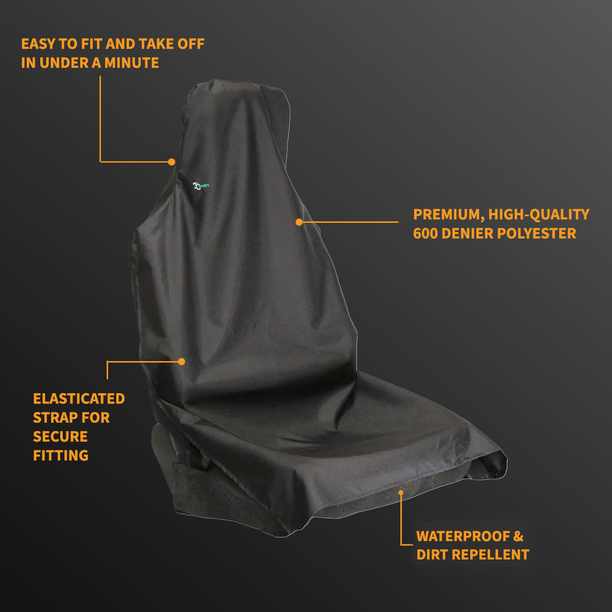 Black seat cover with features highlighted on a dark background