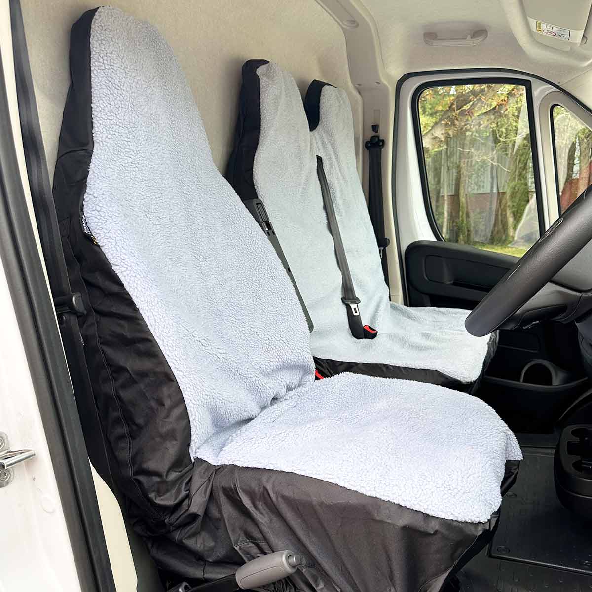 White/Grey driver and double passenger fluffy seat covers inside van
