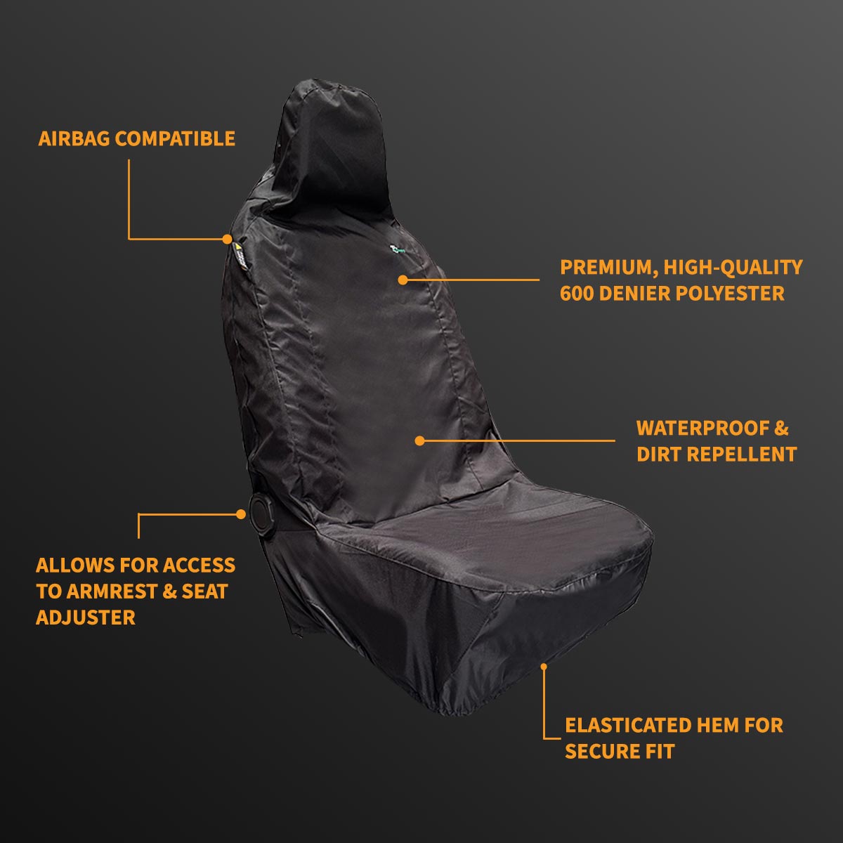 Black car seat cover with features highlighted on a dark background