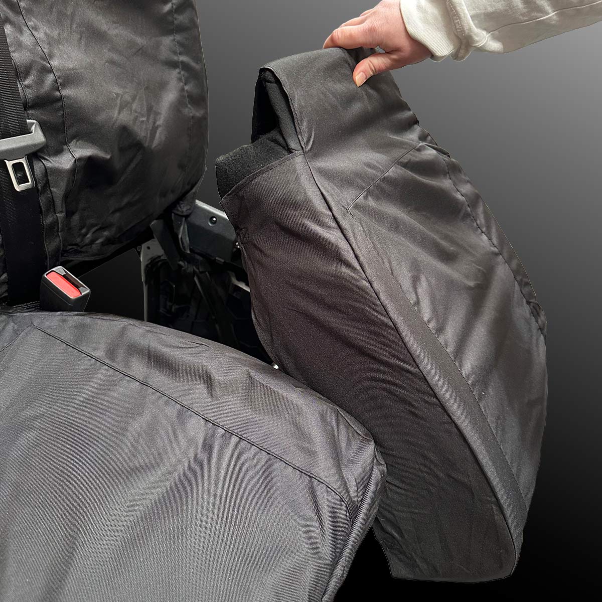 VW Transporter T7 Double Passenger Seat Cover on folding base cushion with underseat storage