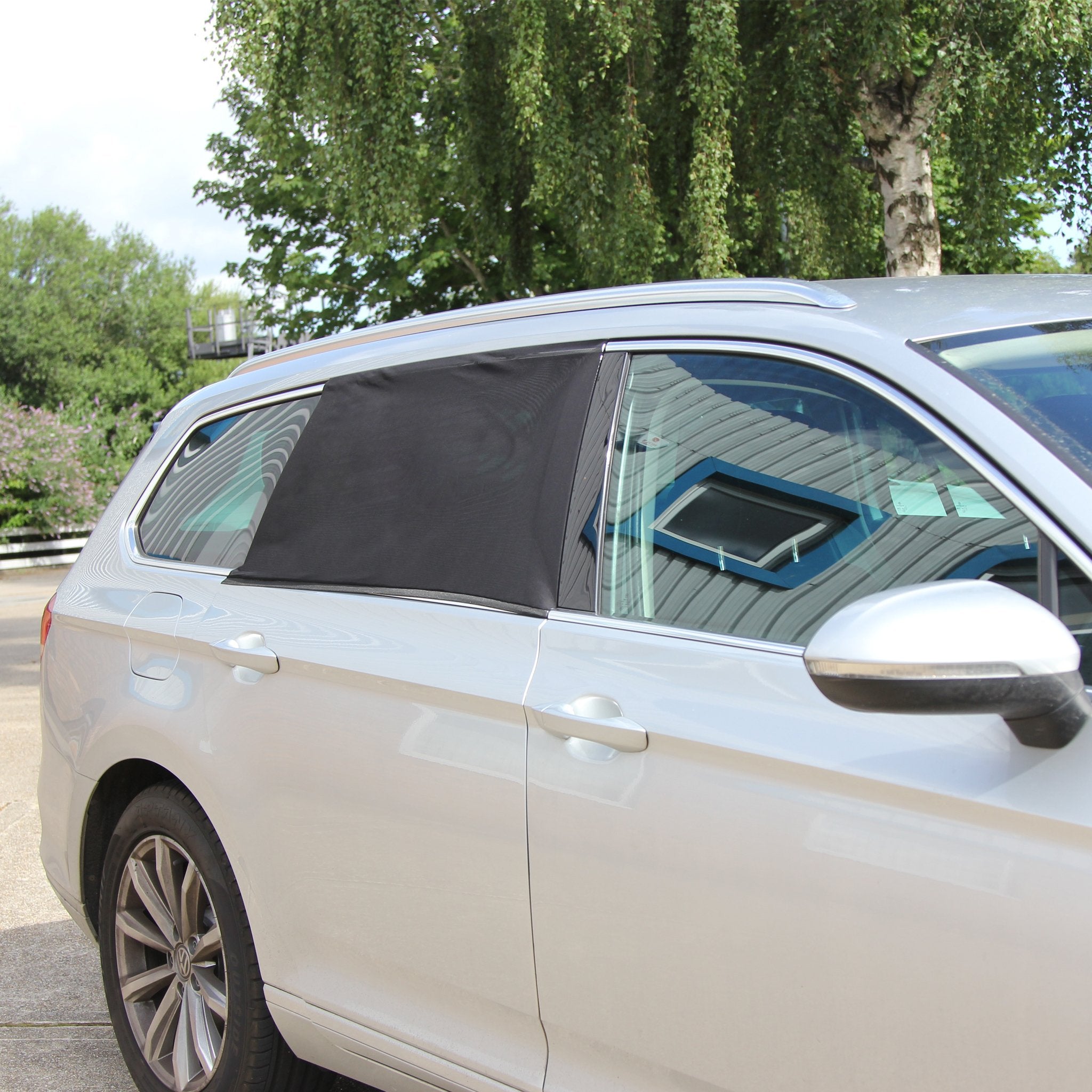 Sun shade on rear window of car next to tree